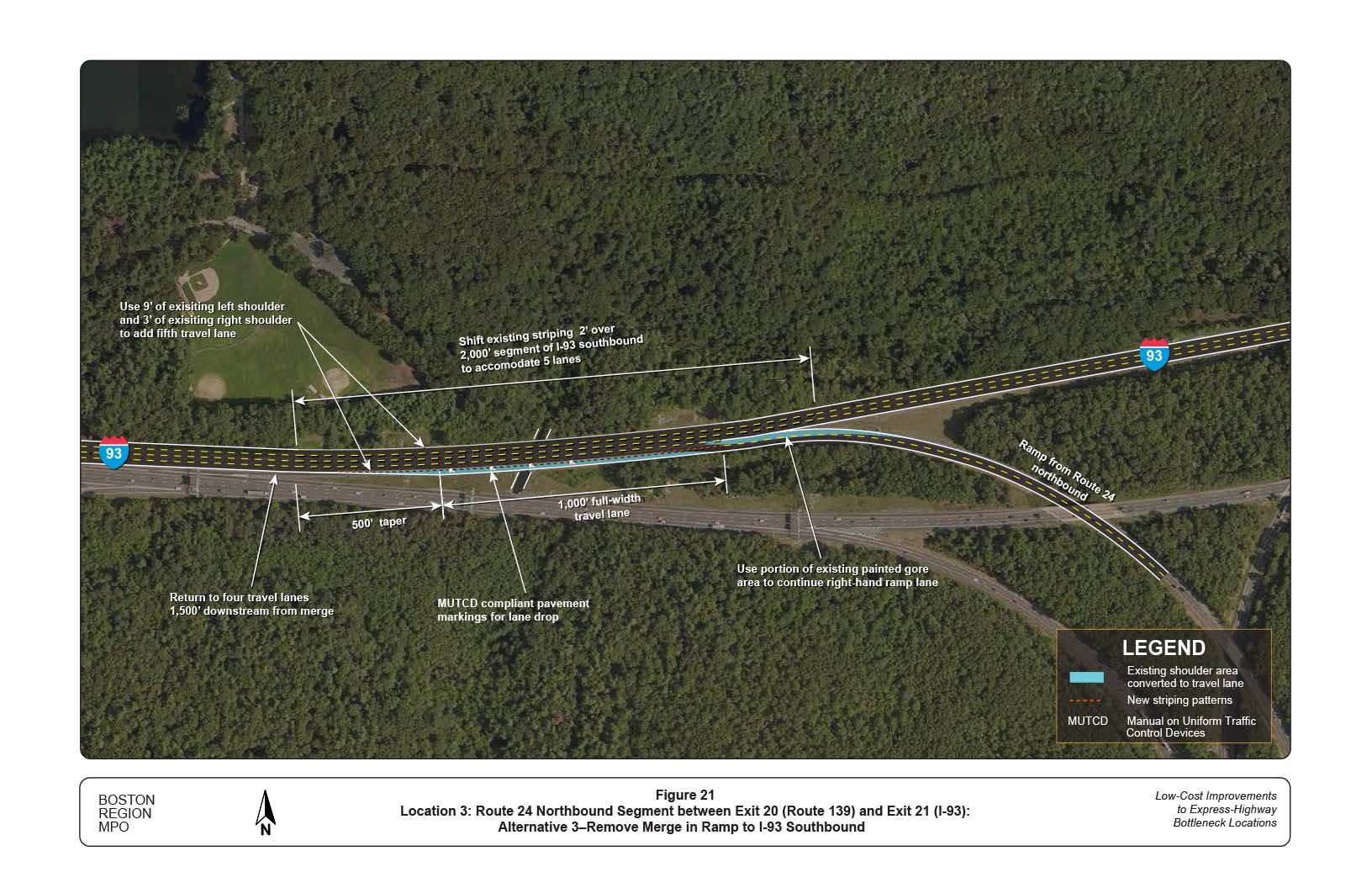 FIGURE 21. Location 3: Route 24 Northbound Segment between Exit 20 (Route 139) and Exit 21 (I-93): Alternative 3–Remove Merge in Ramp to I-93 Southbound
Figure 21 shows an alternative improvement in this location to address safety and operational issues at the bottleneck. The figure shows the removal of the merge in the ramp on I-93 Southbound and the addition of an acceleration lane for the leftmost lane.
